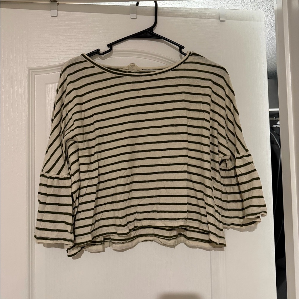 Madewell Cream and Dark Green Striped Bell-Sleeve Tee